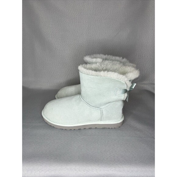 Womens Ugg Boots Sz 8 Ice Blue Bailey Bow Mini Suede Sherpa Coquette Festival - Picture 5 of 13